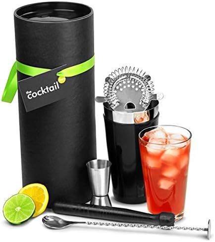 Boston Cocktail Shaker Gift Set with Boston Cocktail Shaker, Muddler, Mixing Spoon, Cocktail Strainer and Jigger - Black Vinyl