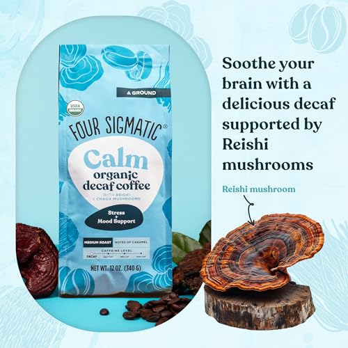 FOUR SIGMATIC CALM ORGANIC DECAF GROUND COFFEE | SWISS WATER DECAF COFFEE WITH CHAGA & REISHI MUSHROOM EXTRACTS | 12OZ BAG