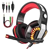 Gaming Headset, Beexcellent GM-2 Over-ear Stereo Bass Wired Hi-Fi Gaming Headphones USB&3.5mm Noise Reduction with Microphone & LED Light for Laptop, Xbox, PS4, PC, Computer-Red