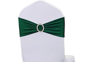 JKDMJF Stretch Spandex Hunter Green Chair Sashes Bows 50 Pack Universal Chair Bands with Silver Buckle for Wedding Party Engagement Banquets Bridal Shower Events Decorations
