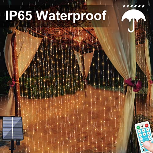 Solar Curtain Light Outdoor Remote Control 300 LED 8 Lighting Modes Fairy Lights, IP65 Waterproof Copper Wire Lights for Christmas Party Wedding Home Bedroom Garden Wall Decorations (Warm)