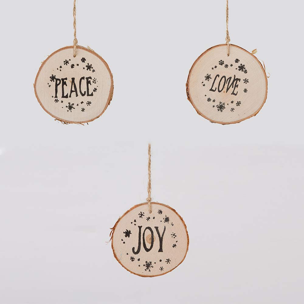 SHATCHI Set of 3 Wooden Ornament Hanging Set Xmas Love, Joy, Peace 10cm Size Approx Christmas Tree Decorations, Brown