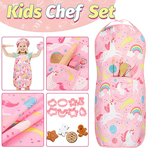 3 otters 29PCS Kids Chef Set, Kids Cooking and Baking Set Includes Kids Apron, Chef Hat, Cooking Supplies, Kitchen Utensils Chef Costume Career Role Play for Girl