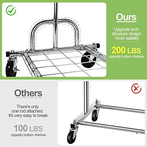 SPECILITE Heavy Duty Clothes Rail 2 in 1 with Wheels and Shelves, Adjustable Metal Coat Rack with Load Capacity of 216 kg