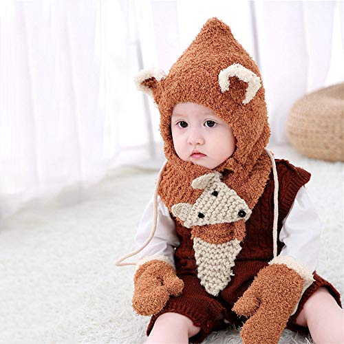 Pausseo Toddler Girls&Boys Baby Winter Crochet Knit Hat Beanie Cap Scarf Gloves Set Solid Color Touchscreen Mittens Fleece Thicken Plush Outdoor Mittens Students Knitted Wool Casual Play Snow