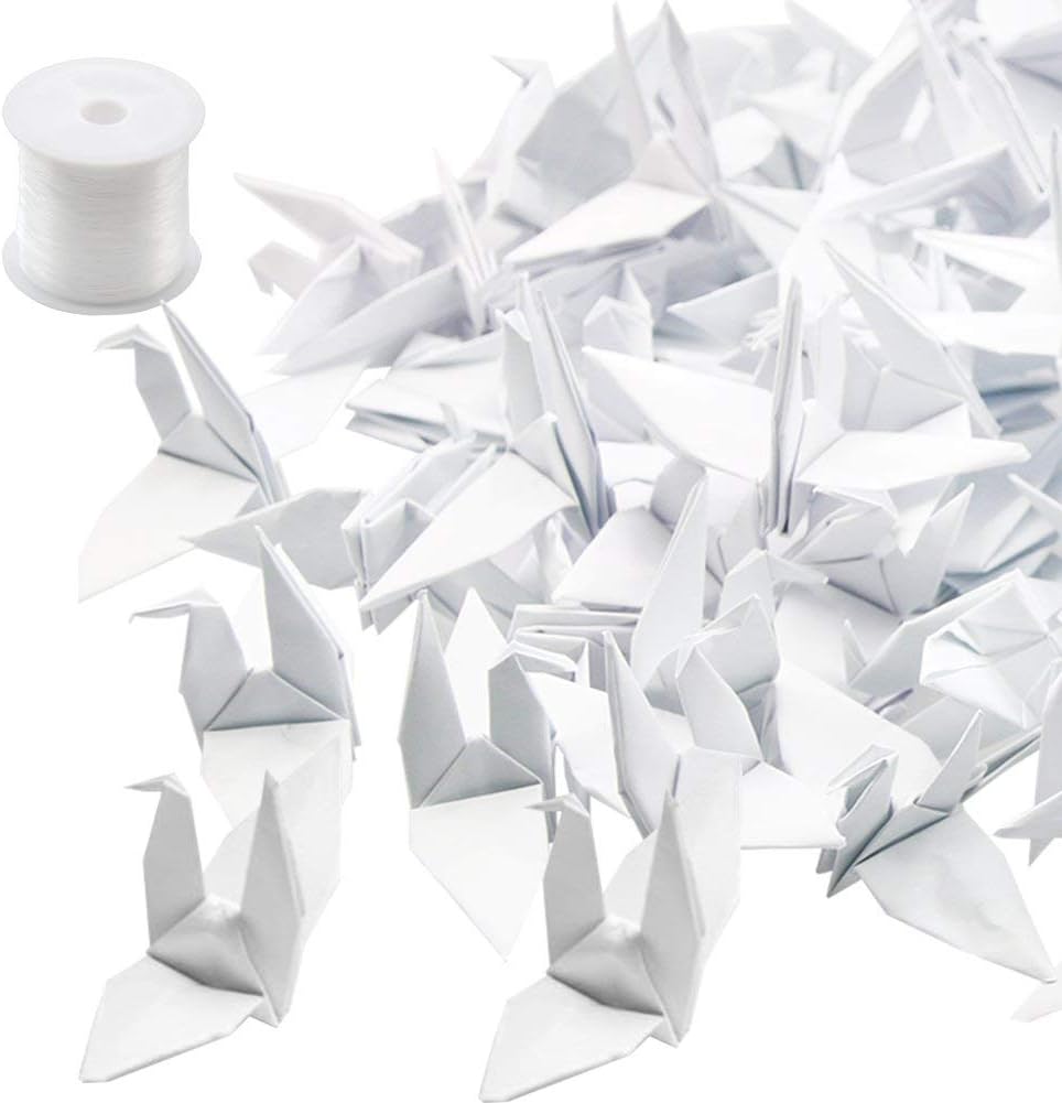Hangnuo 50 PCS Origami Paper Cranes Folded DIY Japanese Crane Mobile String Garland for Wedding Party Backdrop Home Decoration, White