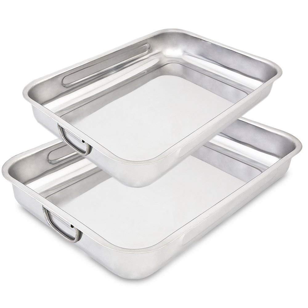 Menax - Set of 2 Roasting Baking Tins Trays with Handles - Oven Roasting Tin with Handles - Stainless Steel Roasting Oven Baking Tins Trays - Roasting Pan