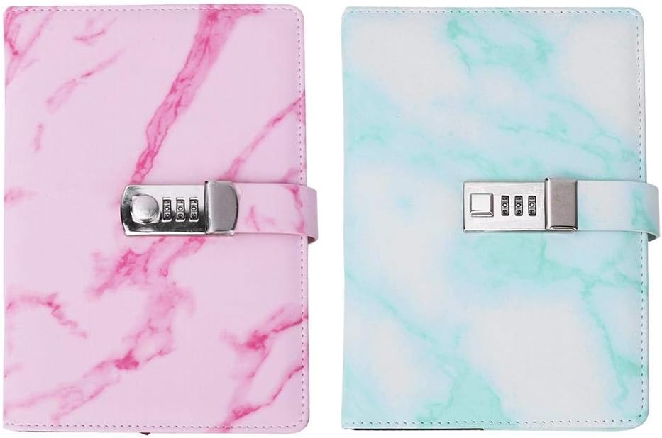 Fydun Marble Code Book, A5 Note Book PU Leather Cover Password Lock Notepad Diary Book Office School Supplies (Pink & Green)(Green) - Image 4