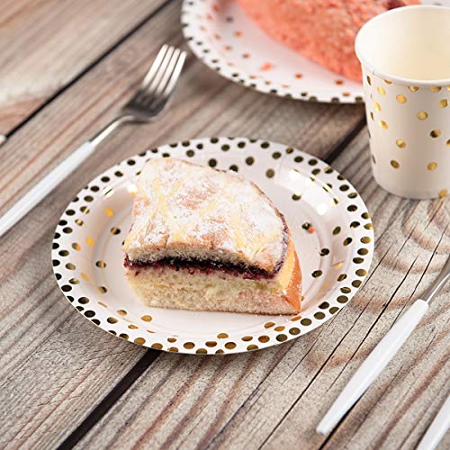200PCS Gold Dot Disposable Paper Plates,Cups and Napkins, Tableware Sets Include 50 Dinner Plates, 50 Dessert Plates, 50 9 oz Paper Cups, 50 Luncheon Napkins, for Baby Shower Birthday Wedding Party - Thumbnail 7