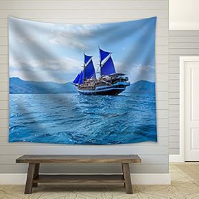 Sailing Boat with Blue Sail on The Sea - Fabric Tapestry, Home Decor - 51x60 inches