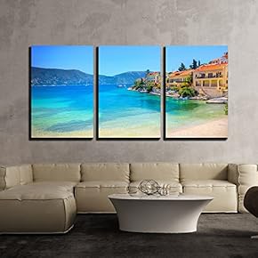 3 Piece Canvas Wall Art - Fiskardo Village, Kefalonia Island, Greece - Modern Home Art Stretched and Framed Ready to Hang - 16"x24"x3 Panels