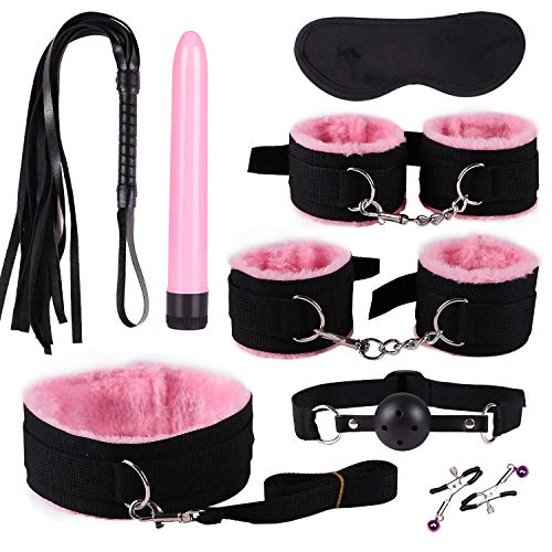 happinesssale Bundled Binding Plush Yoga Pink Nylon 8Pcs/Set Long Fur Warm Winter Gear Sēx Kit Hāndcuff Whip Blindfold SM Cosplay Queen Suit Rëštrâîňtš for Partner Private Toy Passionate Moment