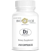 Bio-Tech Pharmacal D3 (1,000 IU), 250 Capsules &ndash; All-Natural Supplement &ndash; Supports Bone &amp; Immune Health &ndash; No Dairy, Fish, Gluten, Peanut, Shellfish, &amp; Soy &ndash; No Artificial Colors