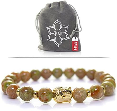Kanti Design Unakite Buddha Bracelet - Gemstone Yoga Bracelet for Men or Women - Goldtone