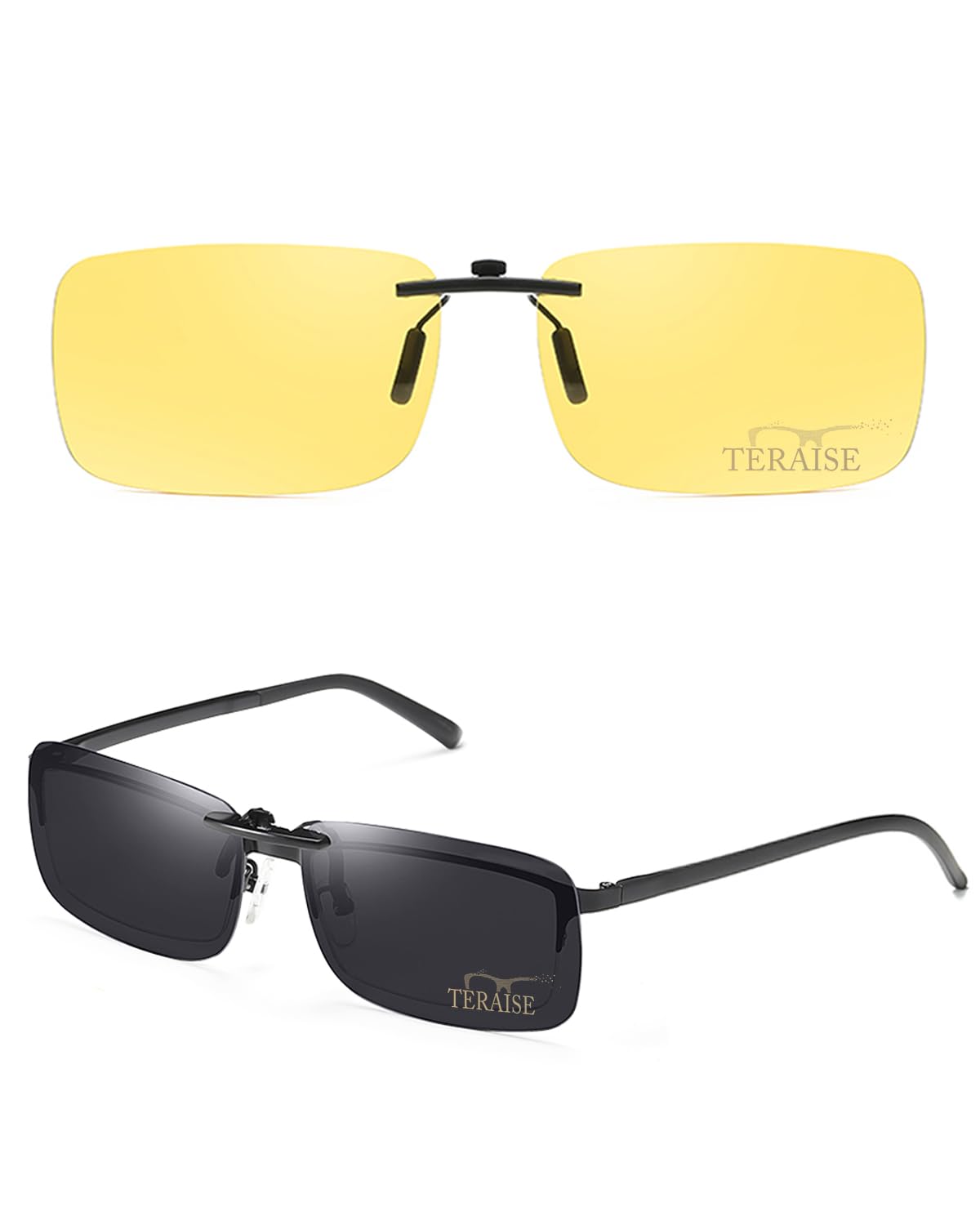 TERAISE Clip on Sunglasses for Men Women,Polarized Yellow Night Vision Glasses Clip On, UV400 Anti-Glare can Flip-Up,Lightweight for Driving Cycling Hiking Fit Over Prescription Glasses(Black-yellow)
