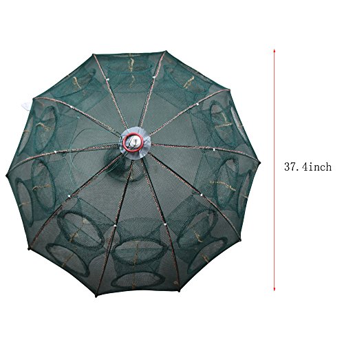 ICE SEA Foldable Fishing Net Landing Net Trap Cast Dip Cage for Fish Shrimp Minnow Crayfish Crab Size 37.40inch (10 Sides 20 Holes+1 Hole)