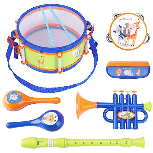 iPlay, iLearn Toddler Musical Instruments Toys, Kids Drum Set, Percussion, Tambourine, Trumpet, Maraca, Harmonica, Flute, Learning Gift for 18 Month 2 3 4 5 Year Olds Baby Boys Girls Children (Blue)