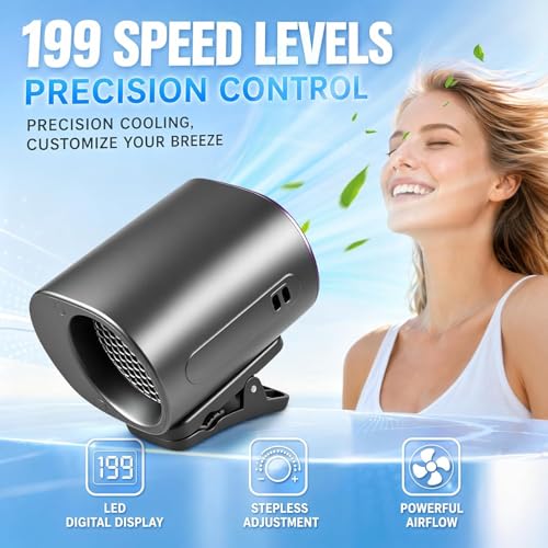 Car Clip on Air Conditioner Fan, Car Fans That Blow Cold Air, Rechargeable Mini Clip Fan with LED Display, 199-Speed Touch Control & 360° Rotation, Cars Cooling Fan for Home Office Stroller Camping