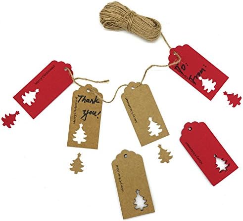 ANGEL GREEN Christmas Gift Tags, 100pcs Gift Tags with Hollowed-out Christmas Tree and 100 Ft Natural Jute Twine –50 Red and 50 Brown