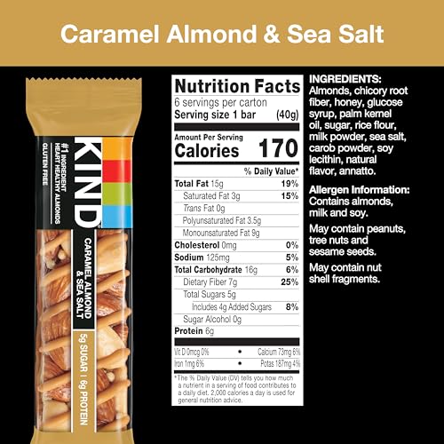 KIND NUT BARS, CARAMEL ALMOND & SEA SALT, GLUTEN FREE, LOW SUGAR, 6G PROTEIN, 6 COUNT