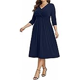 Talisea Plus Size Dress for Women Twist Knot V Neck 3/4 Sleeves A Line Wedding Guest Midi Dresses