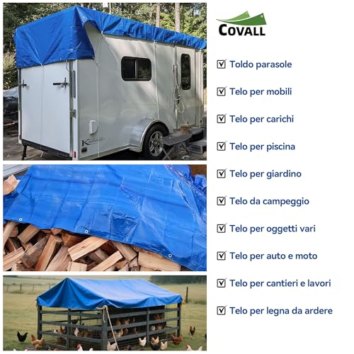 COVALL Blue Tarpaulin 5 x 6 m 115 g/m² Tear-resistant Waterproof Tarpaulin for Heavy Loads with Eyelets for Camping, Garden, Roof Cover and Warehouse