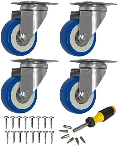 4 Pack Caster Wheels Swivel Plate with Total Break Lock Casters On Red or Blue Polyurethane Wheels with Hardware (Blue)