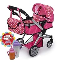 Exquisite Buggy | Foldable Pram For Baby Doll With Polka Dots Design With Swiveling Wheel Adjustable Handle With 2 Free Magic Toy Bottles