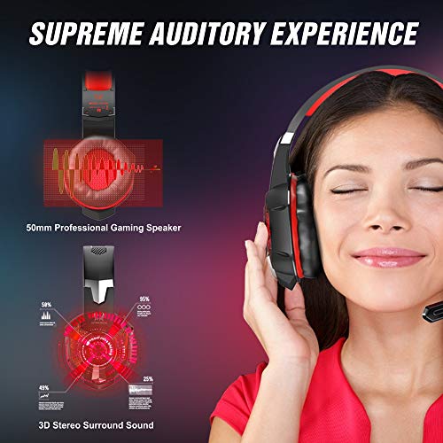 VersionTECH. Gaming Headset for Xbox One/PS4 Controller, PC, Wired Surround Sound Gaming Headphones with Noise Cancelling Mic, RGB LED Backlit for Nintendo Switch/3DS, Mac, Destop Computer Games - Red