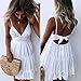 ECOWISH Womens V-Neck Spaghetti Strap Bowknot Backless Sleeveless Lace Mini Swing Skater Dress White M