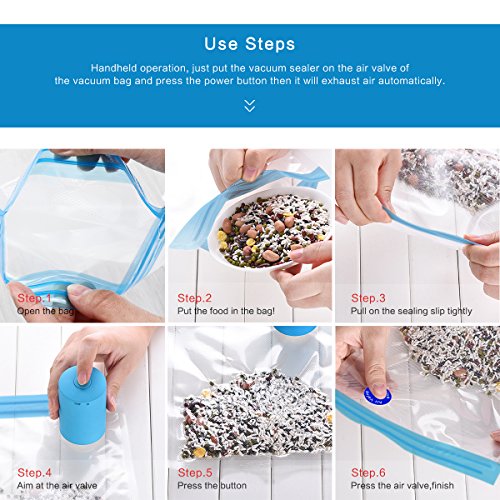 Mini Food Vacuum Sealer, DDSKY Household Preservation Automatic Vacuum Machine USB Rechargeable Vacuum Sealing System with 5 Reusable Packing Bags, Blue