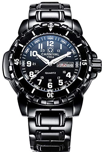 Men's Outdoor Military Tritium Super Bright Self Luminous Blue Light Quartz Watch Large Dial Black (Steel Band)