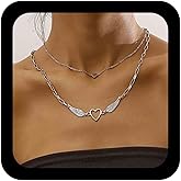 Iaceble Boho Layered Heart Necklace Hollow Heart Choker Necklace Angel Wings Pendant Necklace Silver Paperclip Chain Necklace Jewelry for Women