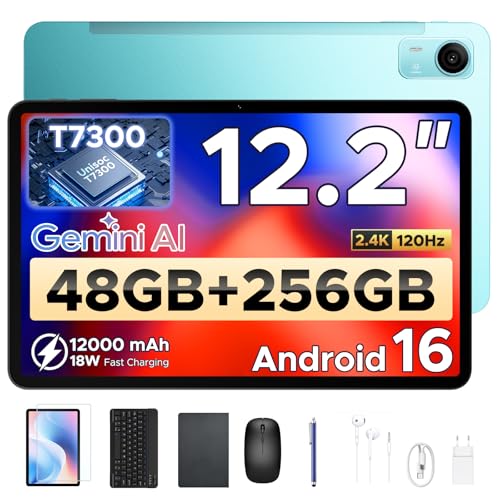 BIRDCLAW P12 Pro Tablet 12 Pollici, 12000mAh Tablet Android 16, 48GB RAM+256GB ROM/2TB TF, T7300 Octa-Core, 4G LTE, 2.4K/120Hz, 13MP, Gemini AI, Face ID/OTG/GPS/FM, Tablet con Tastiera e Penna, Blu