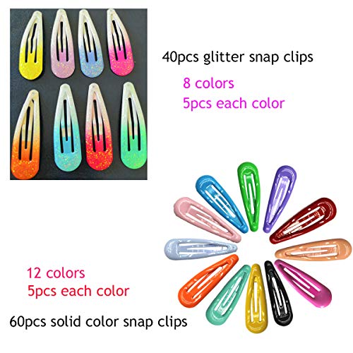 100PCS Snap Clips 2 Inch No Slip Metal Hair Clips Barrettes Hairpins for Girls Toddlers Kids Teens (40pcs Glitter Snap Clips+60pcs Solid Color Snap Clips)