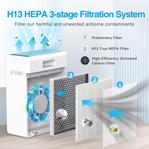 Air Purifiers for Home Large Room up to 2000ft², H13 HEPA Air Filter for Pets Hair Dander Smoke Pollen Dust, Non-Ozone, Portable Air Purifiers for Bedroom Office Living Room, E-300L, White