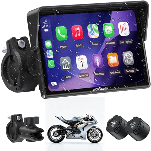 Wonsidary W522TPMS 5 Inch Wireless CarPlay Motorcycle Screen with Android Auto, IP67 IP67 Waterproof Touch Display with TPMS, Voice Control, Dual Bluetooth Audio, USB/ACC Power for Motorcycle