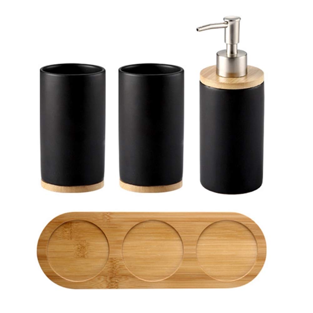 OnePine 4-Piece Ceramic Bathroom Set Includes Soap Dispenser Pump, Toothbrush Holder, Tumblers, Wooden Tray