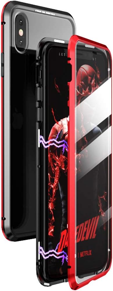 KumWum iPhone Xr Case Metal Bumper Magnetic Adsorption 9H Tempered Glass Front and Back Cover for iPhone Xr (iPhone Xr, Red+Black)