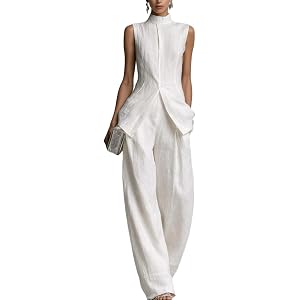 SamLng Linen Lounge sets for women, Stand Collar Sleeveless Top and Baggy Wide Leg Pants, Casual Business 2 Piece Set