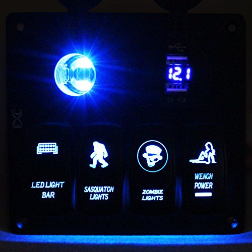 FXC Waterproof Marine Boat Rocker Switch Panel 4 Gang with 4.2A Dual USB Slot Socket + Digital Voltage Display + Cigarette Lighter LED Light for Car Rv Vehicles Truck
