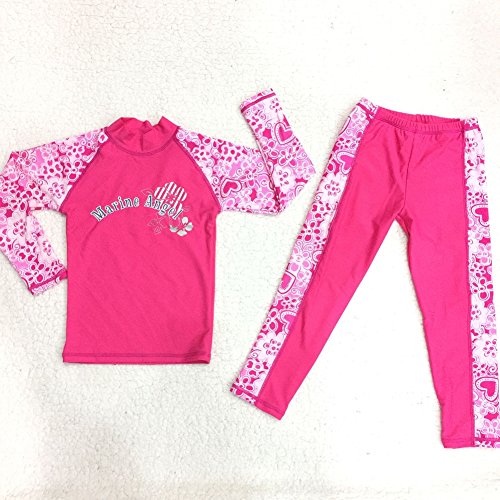 Monvecle Little to Big Girls' Long Sleeve 2-Pieces Sun Protective Rashgurad Set UPF 50+ Rose 6-7