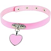AKOAK Fashion Cool Rock Style Steampunk Punk Goth Heart-Shape Pendant Link PU Leather Collar Choker Necklace(Pink)
