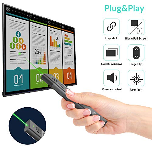 iThrough Wireless Presenter Green Light, Presentation Remote Clicker Rechargeable, Metal Powerpoint Clicker PPT PowerPoint Clicker Remote Hyperlink Volume Control USB Slide Advancer 2.4GHz