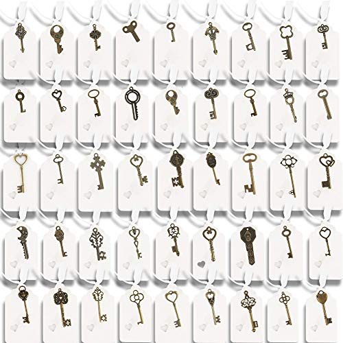 50PCS Vintage Keys Skeleton Key Charms with 50PCS Paper Gift Tags and 10M White Ribbon for Wedding Party Decoration