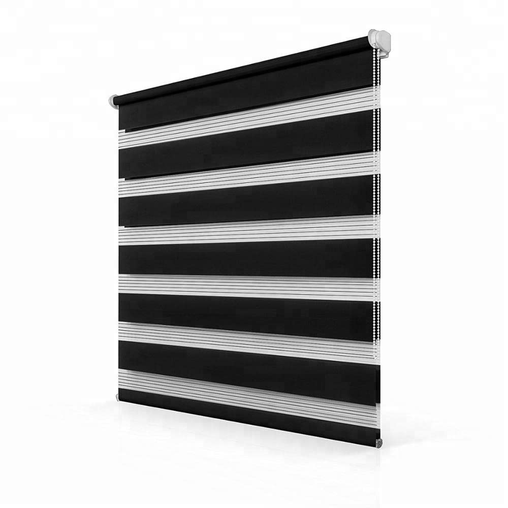 Funky Gadgets Day and Night Roller Blinds Dual Layer Fabric Zebra Blind Translucent or Blackout Vision Roller Shades No Drill Blinds Curtains for Windows and Doors Black, 64W x 210H cm