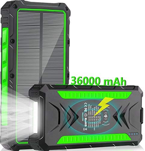 Solar Charger 36000mAh Qi Wireless Solar Power Bank Phone Charger, Quick Charge Portable Charger with 2 USB Output Ports & 2 Input Type-C/Micro USB Ports External Cell Phone (Peak Green)