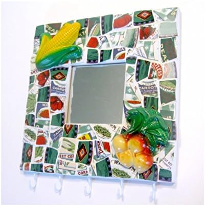 Mosaic Farm Theme Hooks and Mirror, Mosaic Kitchen Towel Pot Holder Rack, Repurposed Mosaic Pot Holder, Mosaic Garden Hooks Mirror Hanging