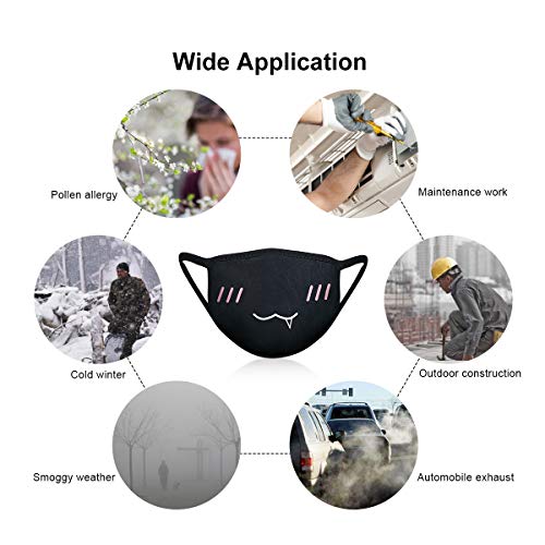 Magicfour Mouth Masks,5Pack Kawaii Muffle Mask,Anti Dust Cute Kaomoji Face Mask Black Cotton Masks for Boys Girls