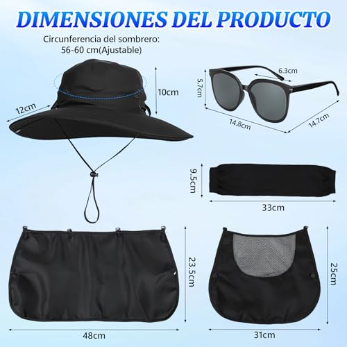 Yanlin 3pcs Sombrero Pesca Sol Protección, Sombrero para Sol UPF 50, con Gafas de Sol, Mangas de Protección Solar, Diseño Desmontable, Impermeable, para Actividades al Aire Iibre